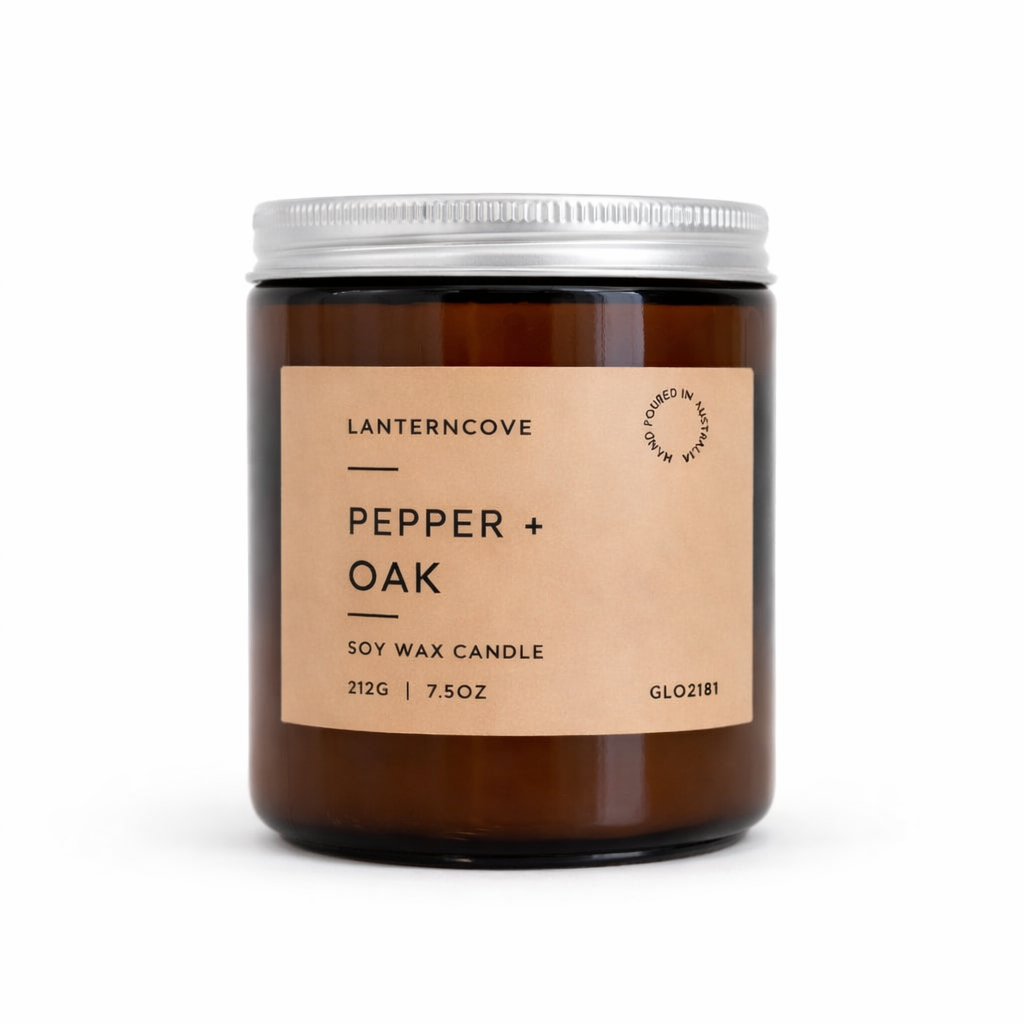 Lantern Cove Pepper & Oak hand poured soy candle in amber glass jar