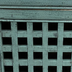 Close up of Lattice 2 Door Cupboard showing distressed duck egg blue finish and lattice door detail