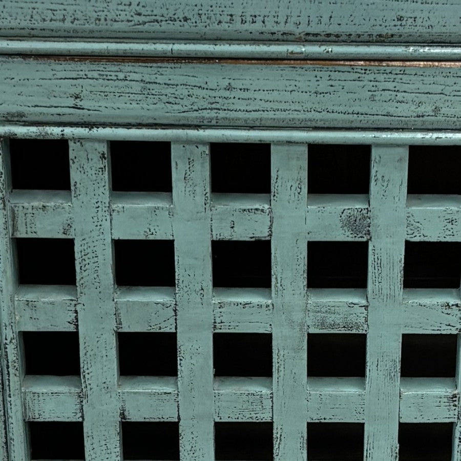 Close up of Lattice 2 Door Cupboard showing distressed duck egg blue finish and lattice door detail