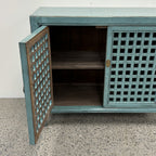 Lattice 2 Door Cupboard Duck Egg Blue with door open showing internal shelf storage