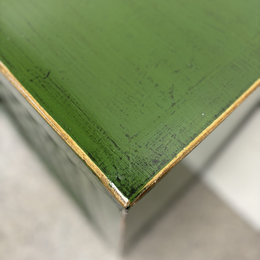 Close up of Lattice 2 Door Cupboard showing emerald green lacquered pine finish and edge detailing