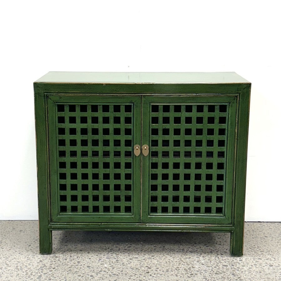 Lattice 2 Door Cupboard in Emerald showing rich green finish and two lattice doors