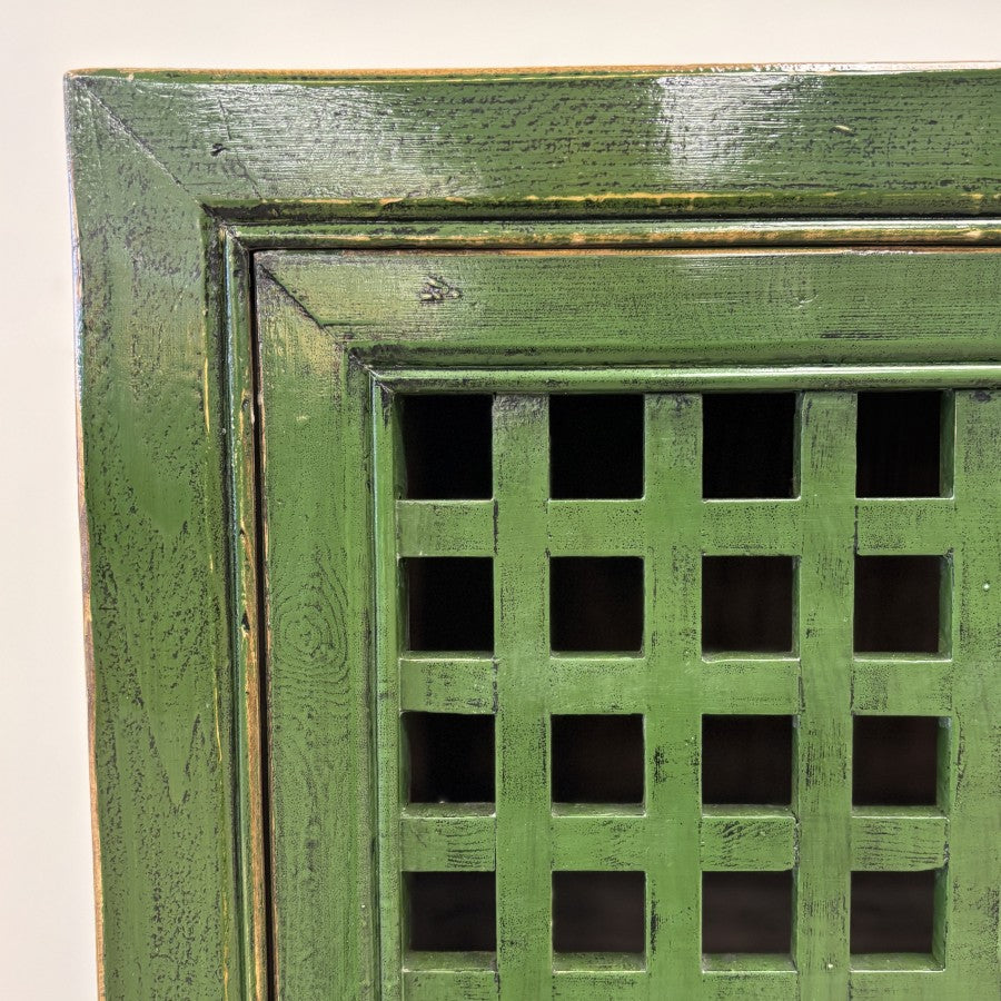 Close up of Lattice 2 Door Cupboard Emerald showing geometric lattice door and textured finish