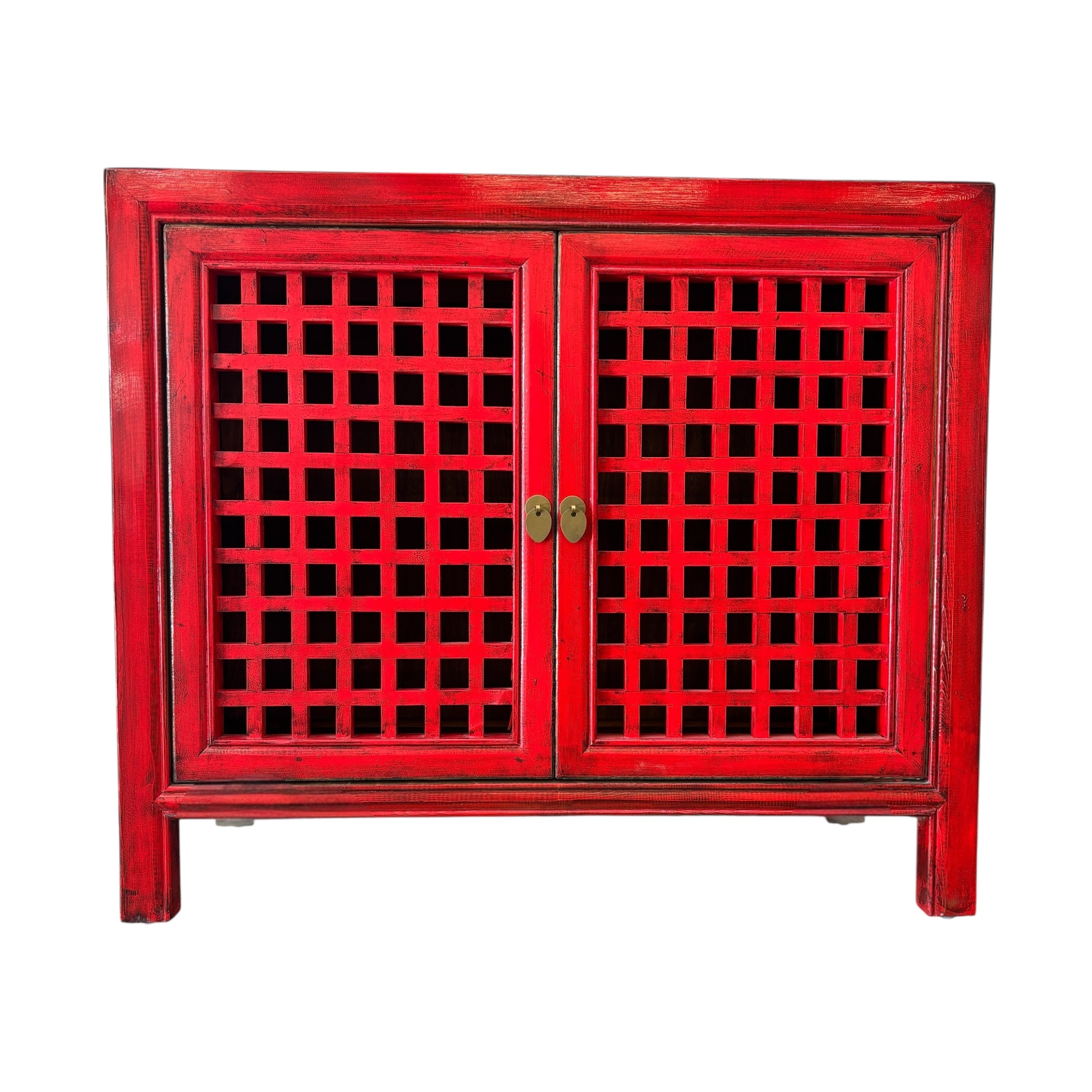Lattice 2 Door Cupboard in distressed red finish with decorative lattice doors