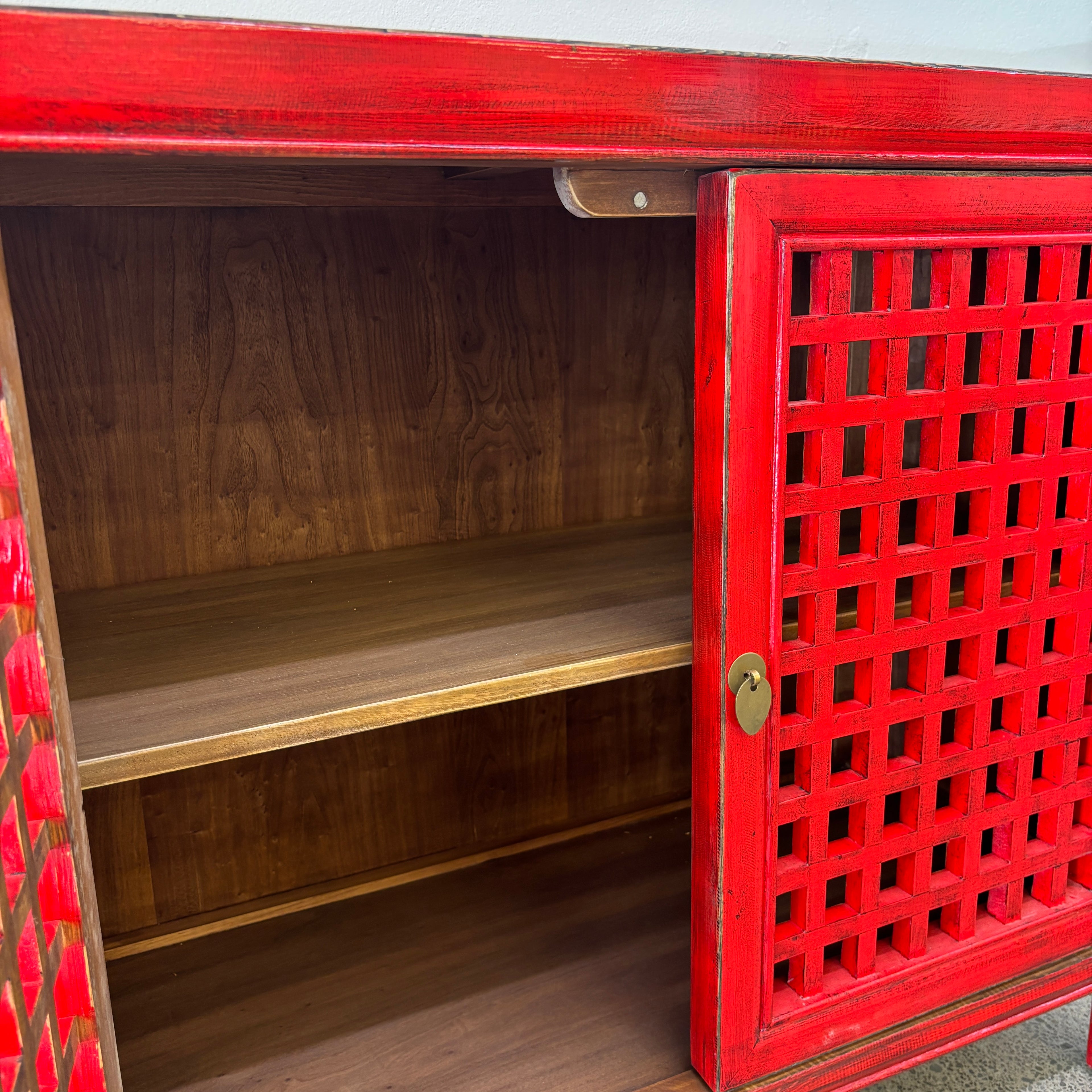 Open Lattice 2 Door Cupboard showing timber interior and internal shelf storage