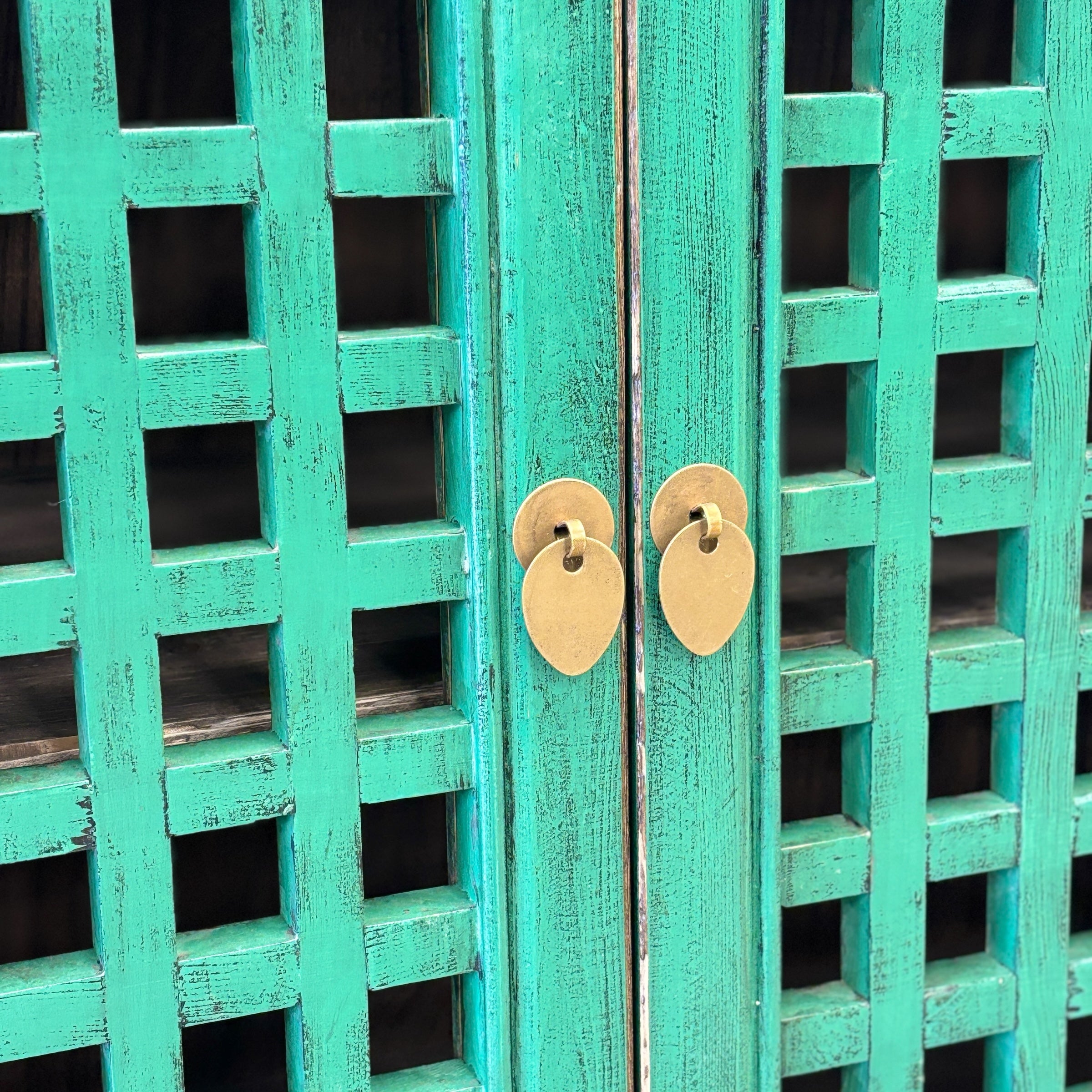 Close-up of teal lattice doors and brass-toned handles on the Lattice 2 Door Cupboard