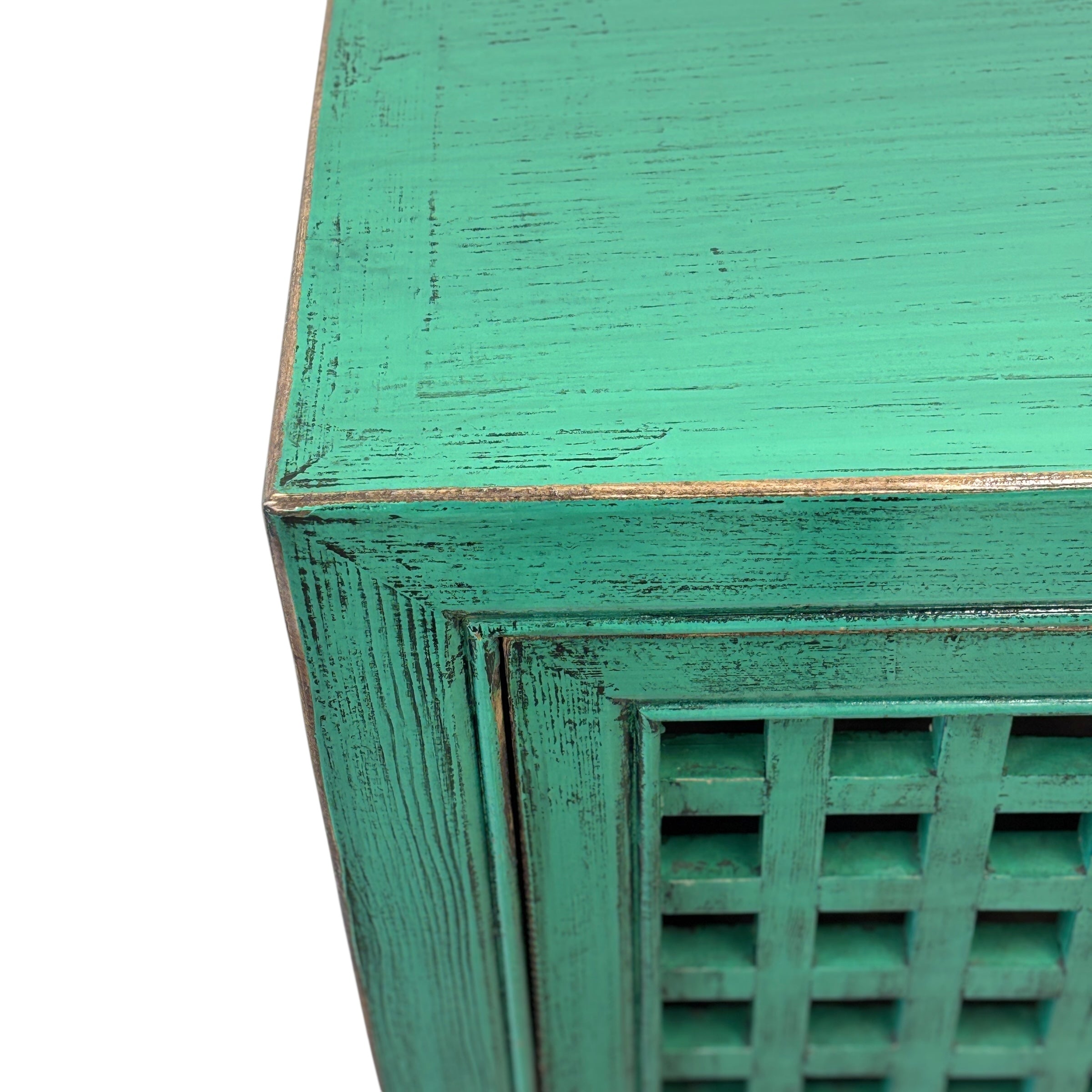 Close-up of the textured teal finish on the Lattice 2 Door Cupboard
