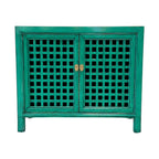Front view of Lattice 2 Door Cupboard in teal with decorative lattice doors and brass-toned handles