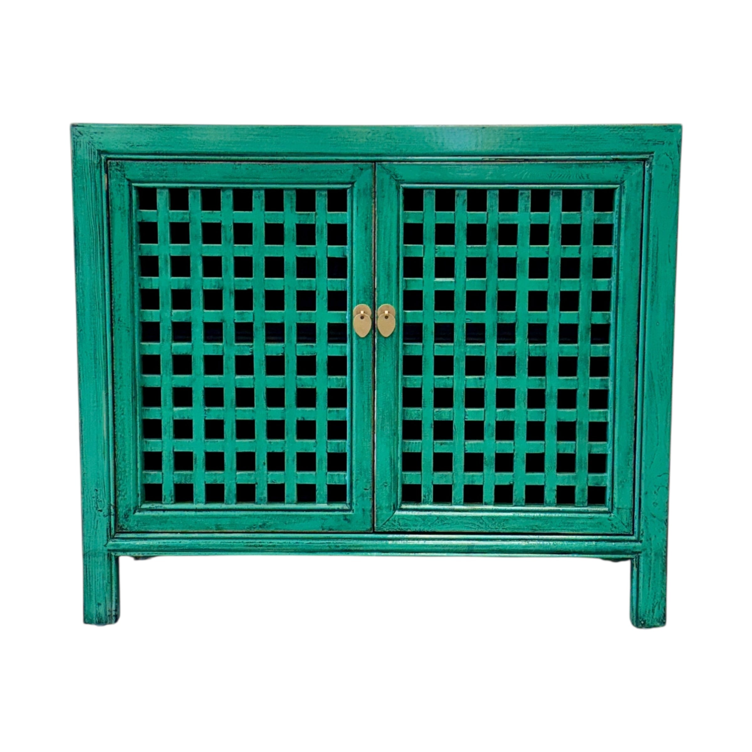 Front view of Lattice 2 Door Cupboard in teal with decorative lattice doors and brass-toned handles