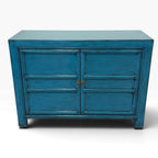 Lola Sideboard in Sky Blue showing the timber top, panelled doors and distressed blue finish