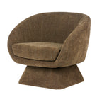 Angled view of the Lolo Swivel Chair in Cocoa, showcasing its sculptural curves, supportive wraparound backrest and contemporary swivel base.Lolo Swivel Chair - Plush Olive