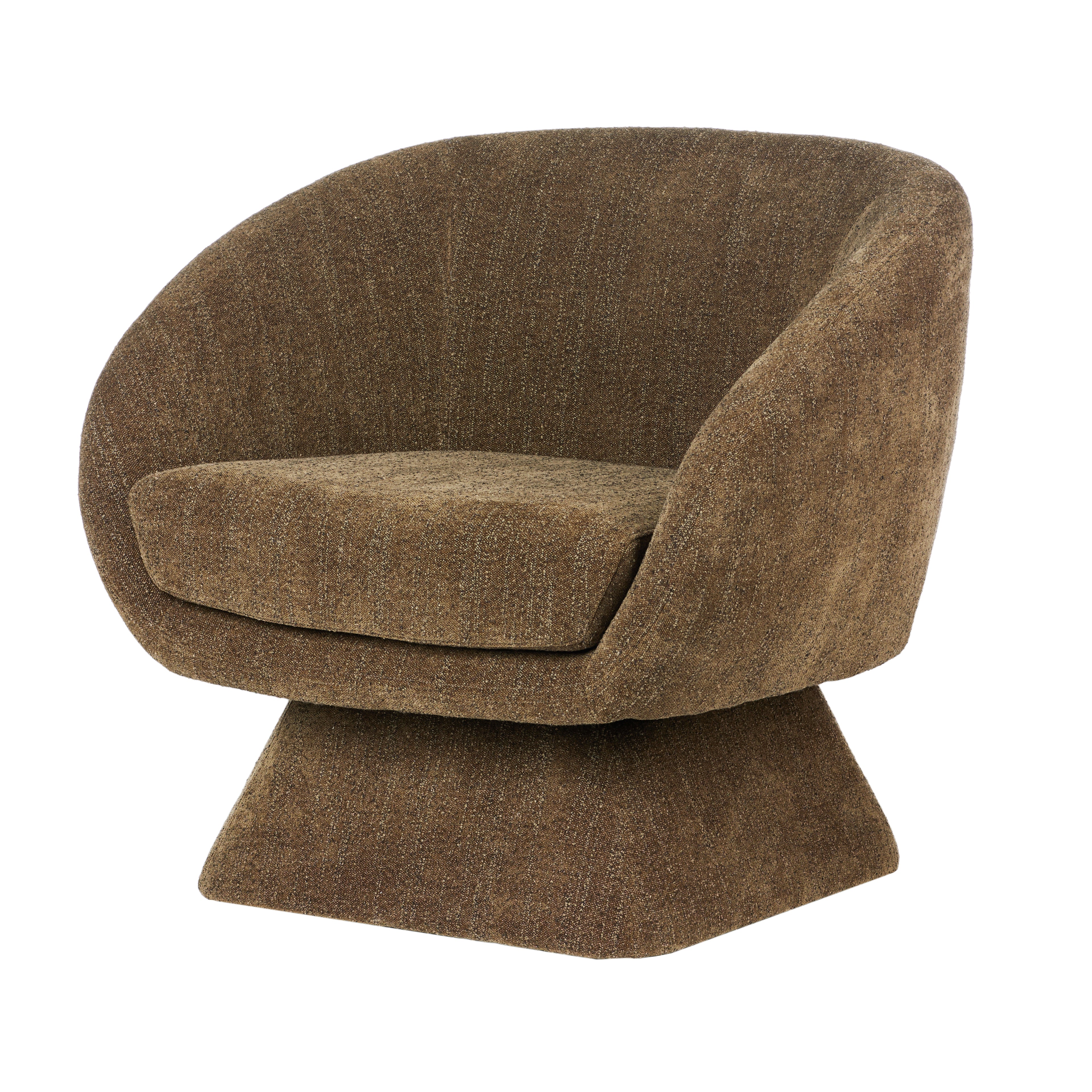 Angled view of the Lolo Swivel Chair in Cocoa, showcasing its sculptural curves, supportive wraparound backrest and contemporary swivel base.Lolo Swivel Chair - Plush Olive