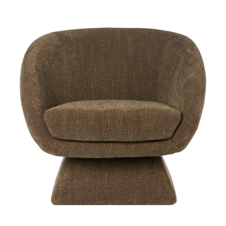 Lolo Swivel Chair in Cocoa with an organic curved silhouette, wraparound backrest and upholstered swivel base.