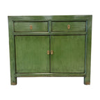 Front view of Loui Sideboard in olive green with two drawers, two doors and brass-toned handles