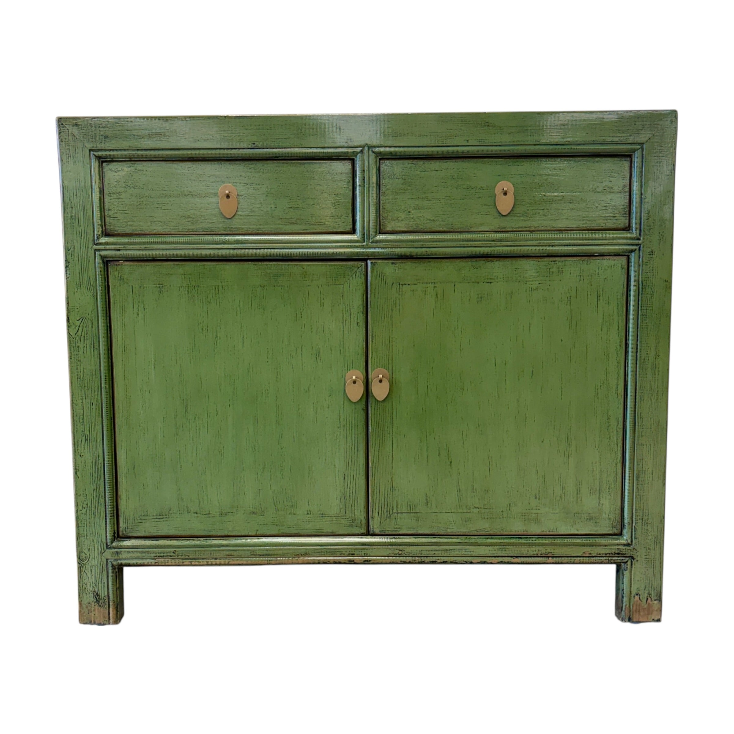 Front view of Loui Sideboard in olive green with two drawers, two doors and brass-toned handles
