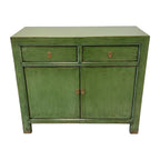Overhead view of Loui Sideboard showing olive green finish, two drawers and cupboard doors