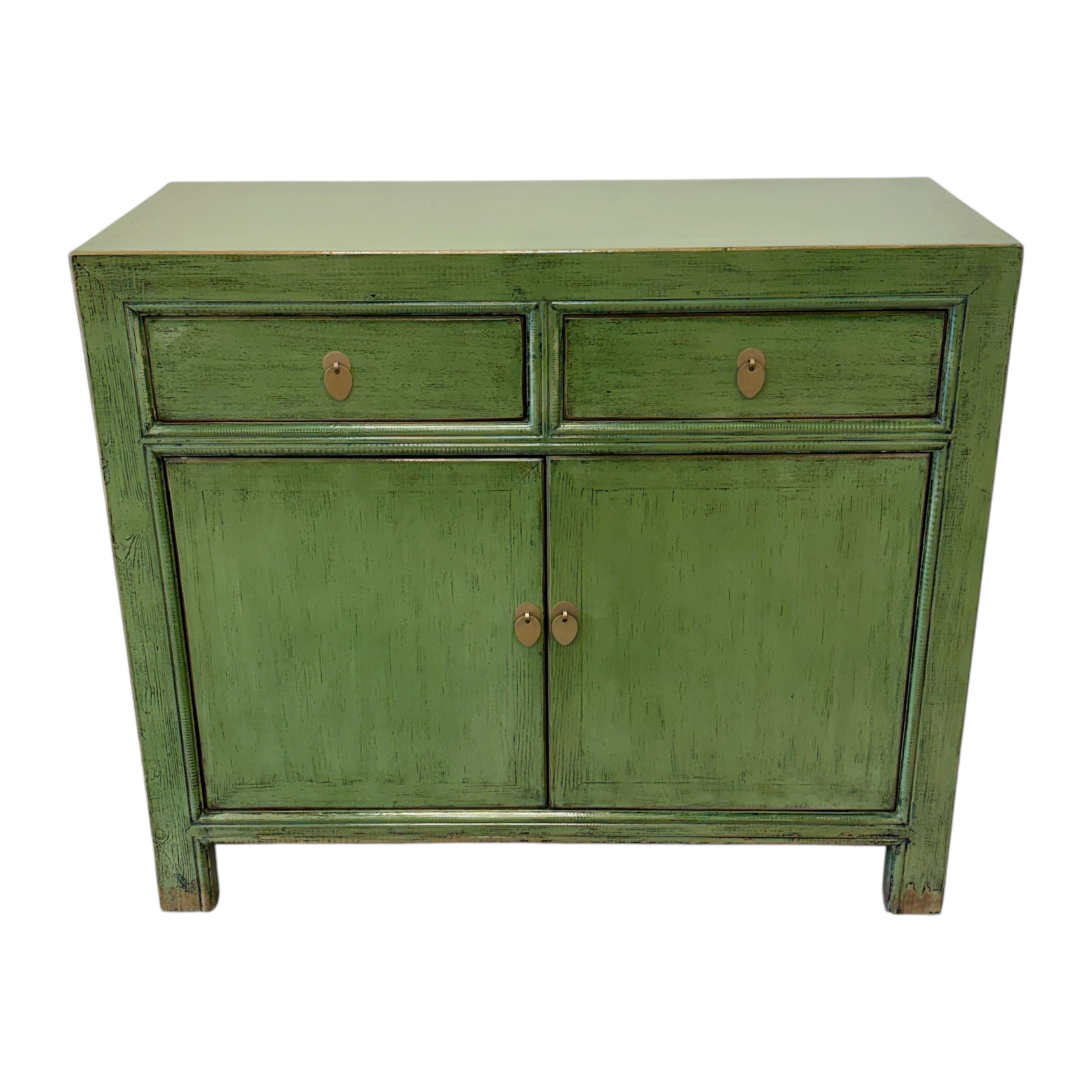 Overhead view of Loui Sideboard showing olive green finish, two drawers and cupboard doors