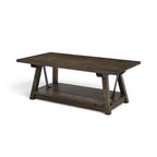 Lyon mango wood coffee table in rustic pale taupe with lower shelf and iron bracing