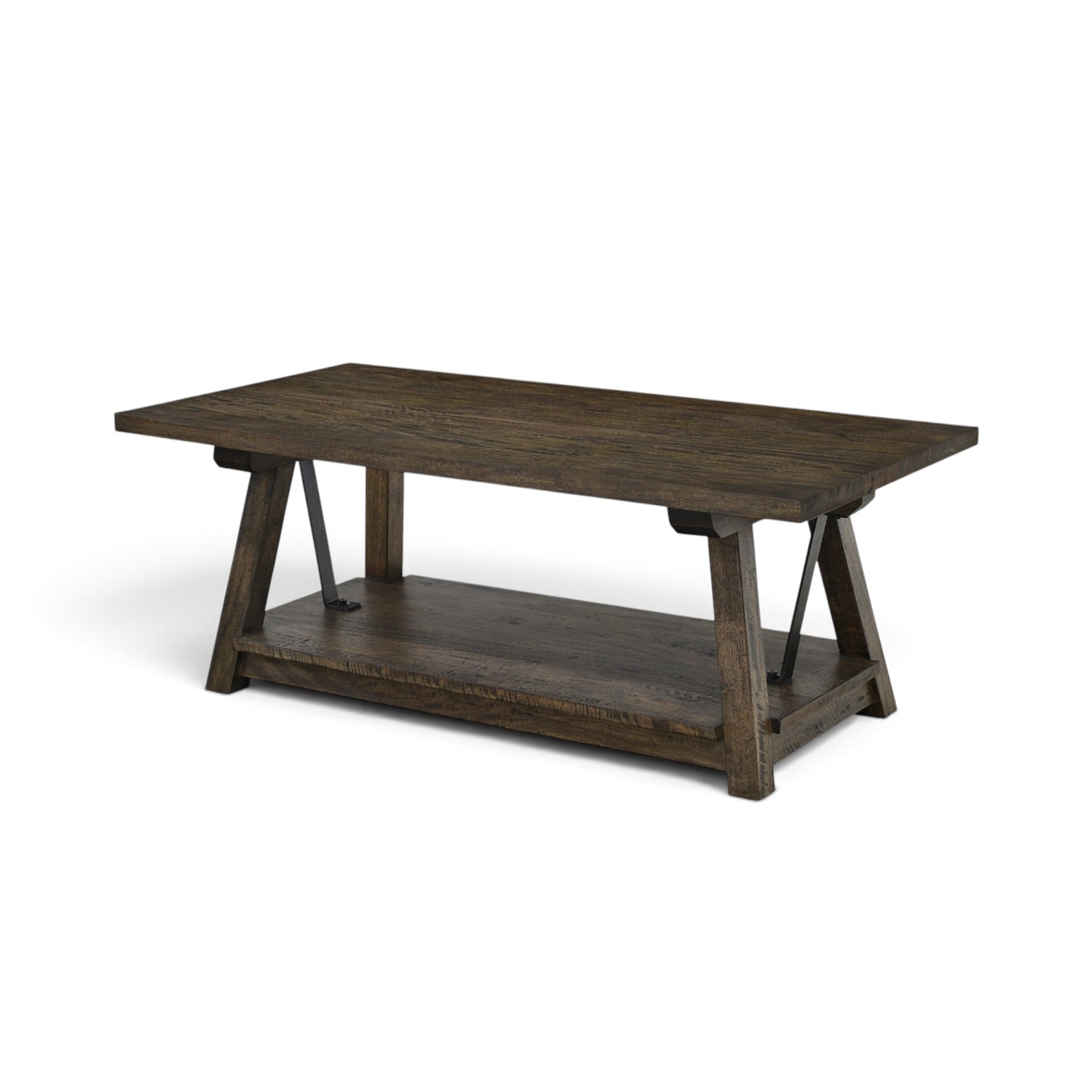 Lyon mango wood coffee table in rustic pale taupe with lower shelf and iron bracing