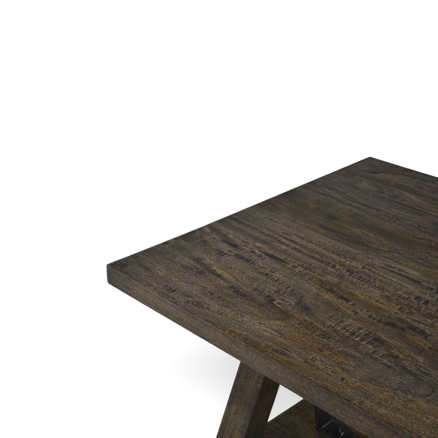 Close-up of the Lyon coffee table showing the rustic pale taupe mango wood grain and texture