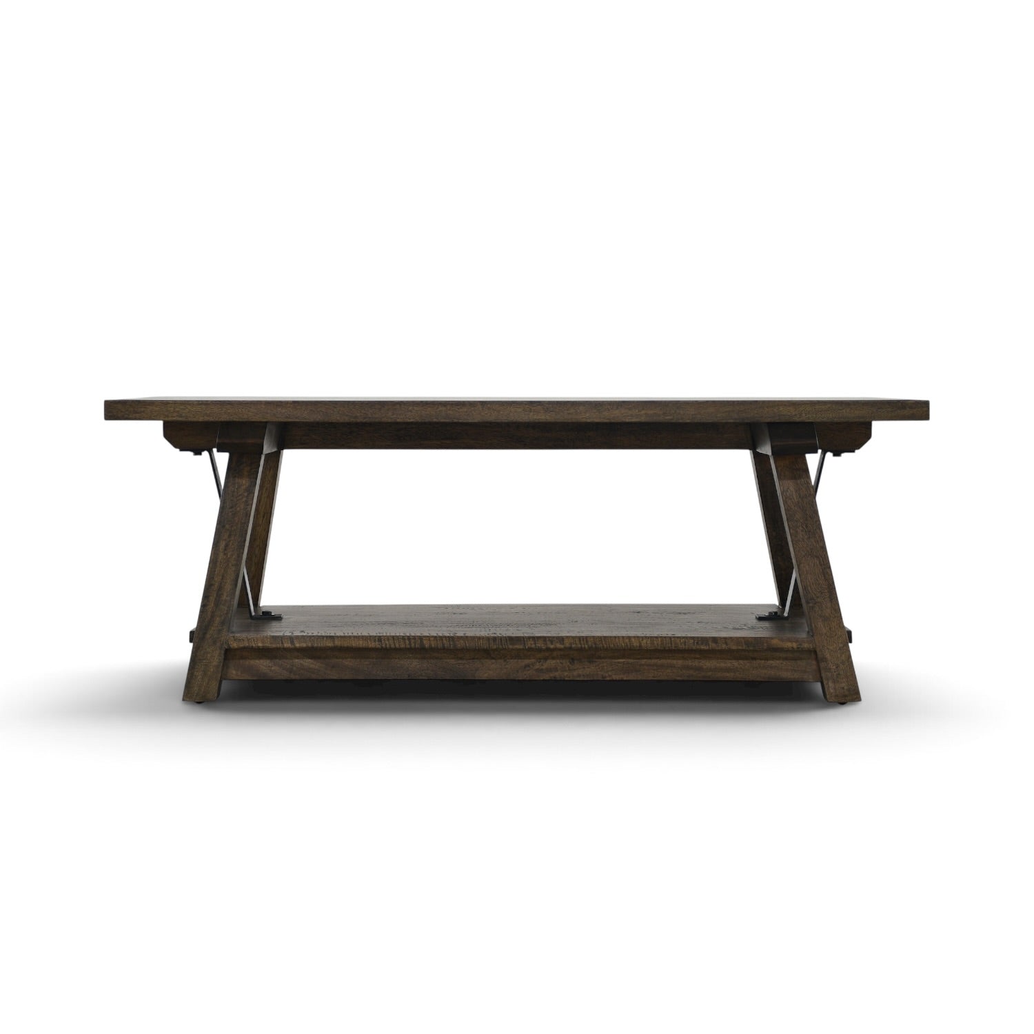 Front view of the Lyon coffee table with splayed mango wood legs, lower shelf and iron bracing