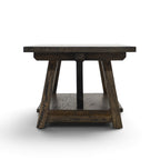 Side view of the Lyon mango wood coffee table showing the lower shelf, splayed legs and iron brace