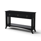 Major Console in crisp black solid mango wood with three drawers, slatted sides, lower shelf and distinctive kick legs.