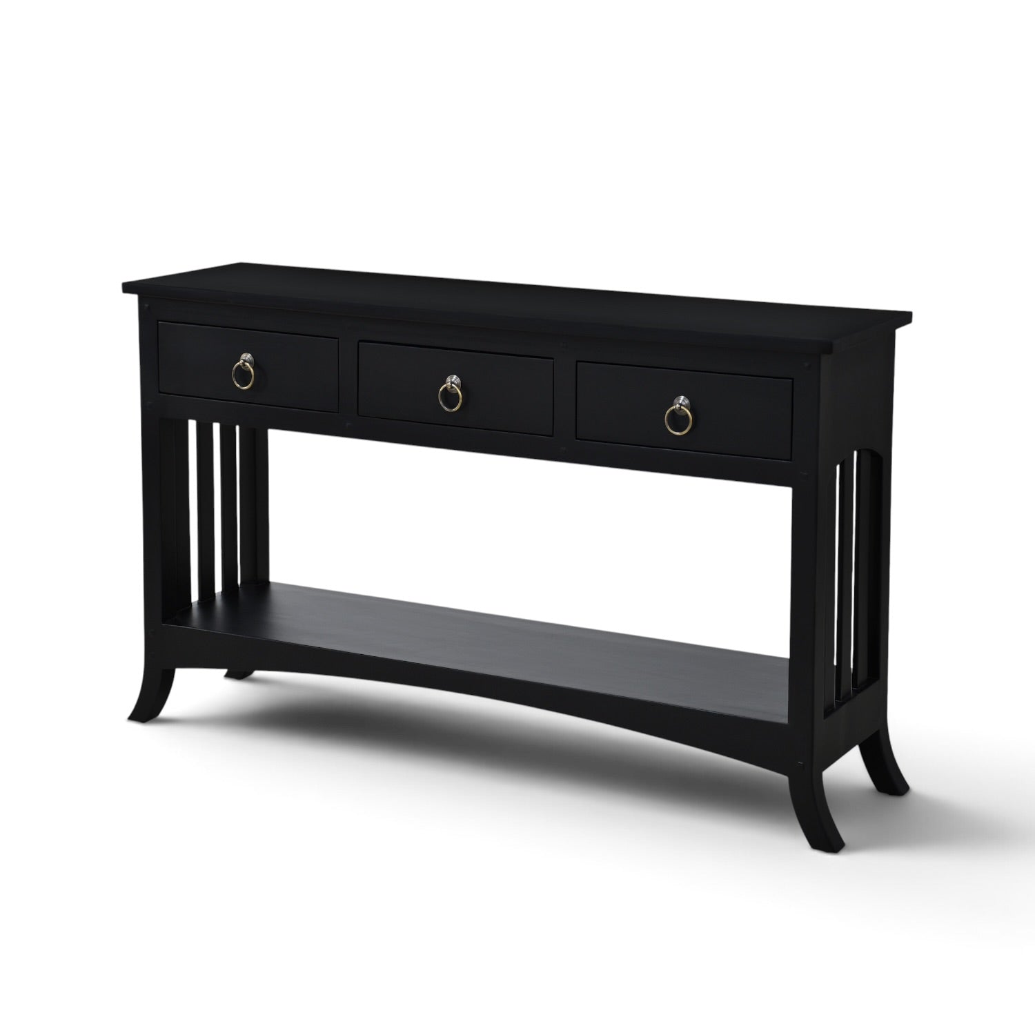 Major Console in crisp black solid mango wood with three drawers, slatted sides, lower shelf and distinctive kick legs.