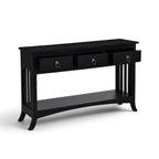 Major Console in crisp black with three storage drawers open, showing the solid mango wood construction and lower shelf.