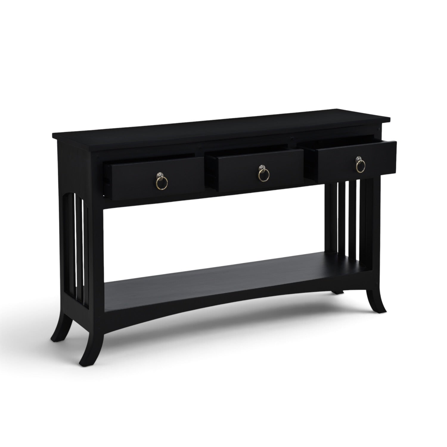 Major Console in crisp black with three storage drawers open, showing the solid mango wood construction and lower shelf.