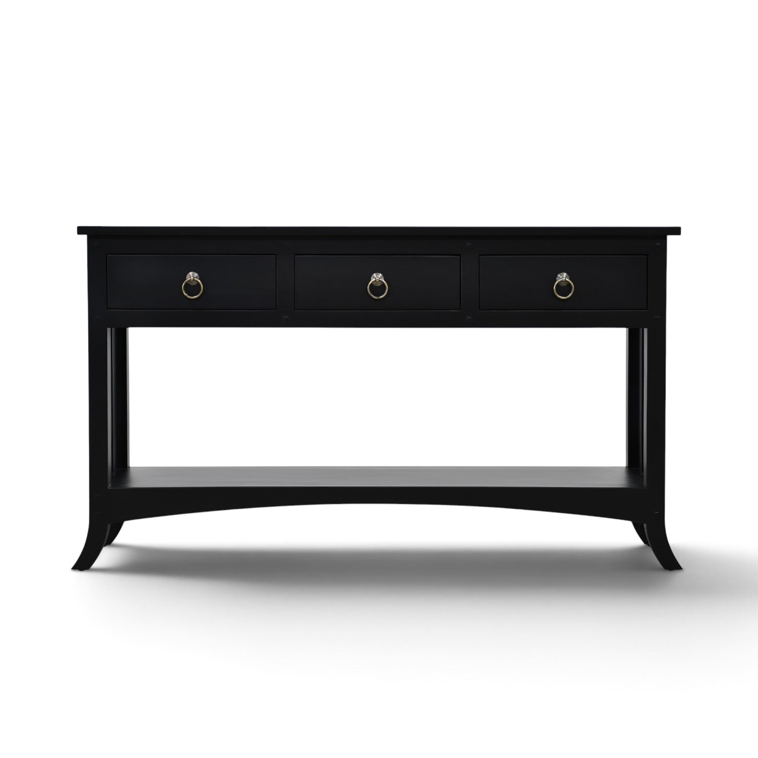 Front view of the Major Console in crisp black solid mango wood with three drawers, ring handles, slatted sides and lower shelf.
