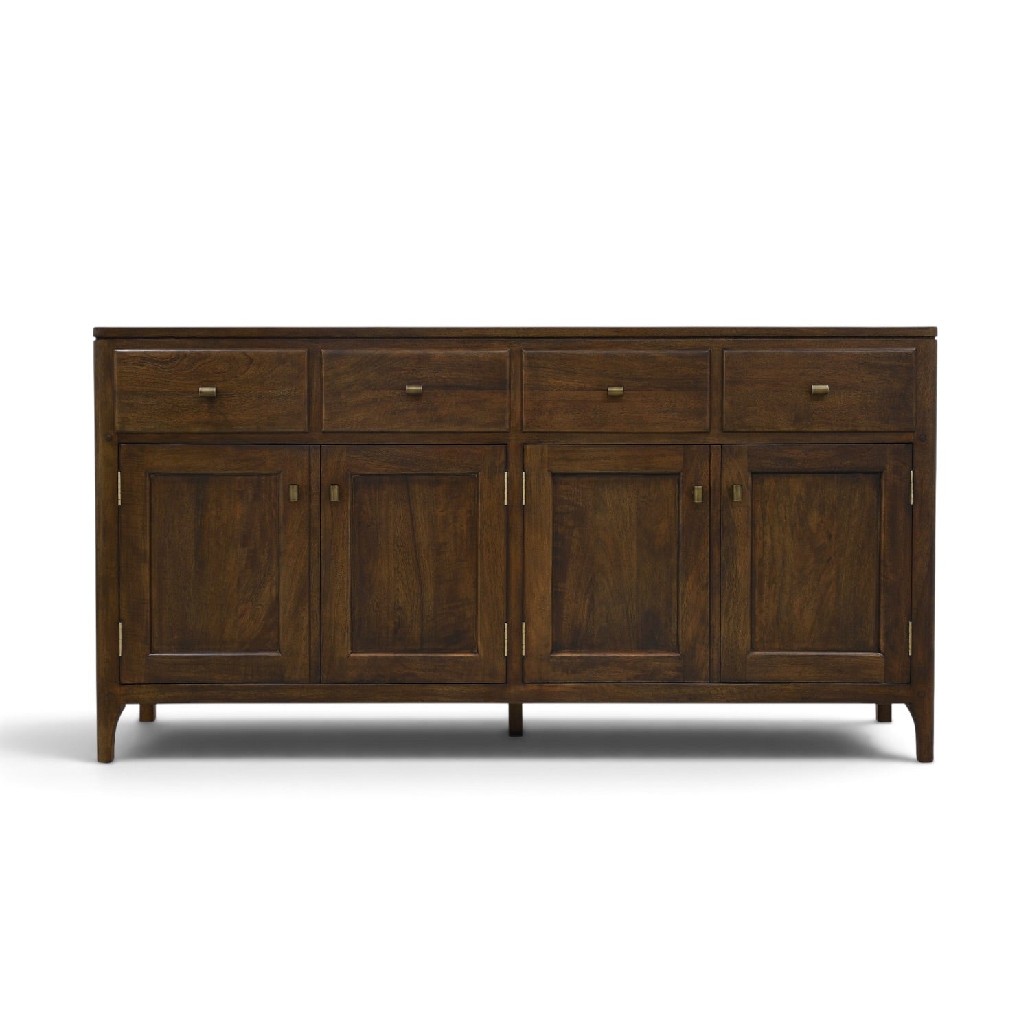 Front view of Antique Brown solid mango wood sideboard with four drawers, four cupboard doors and pipe-style handles.