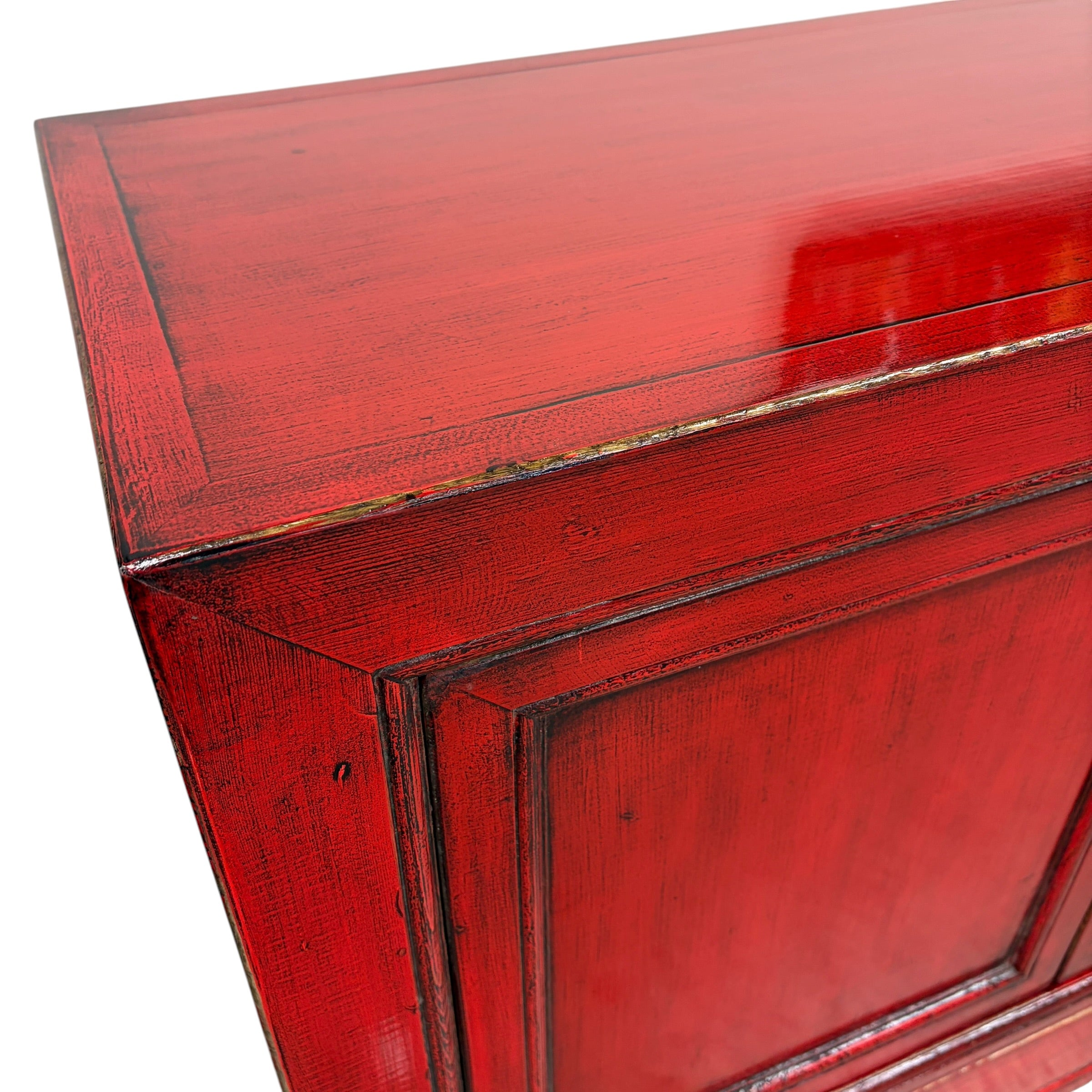 Margot Sideboard Pomegranate top detail showing rich red distressed finish
