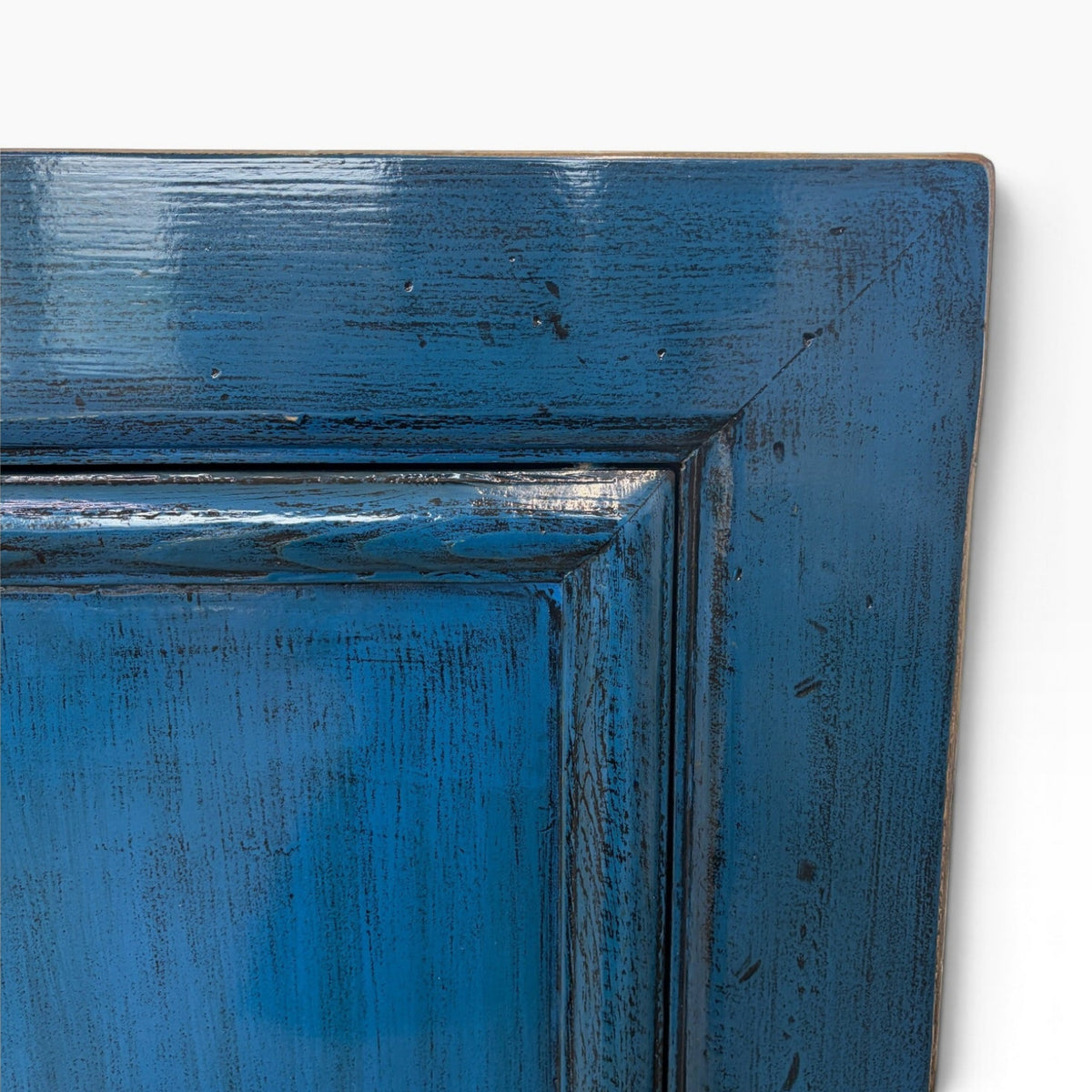 Close-up of Margot Sideboard in Prussian Blue showing distressed paintwork and timber grain