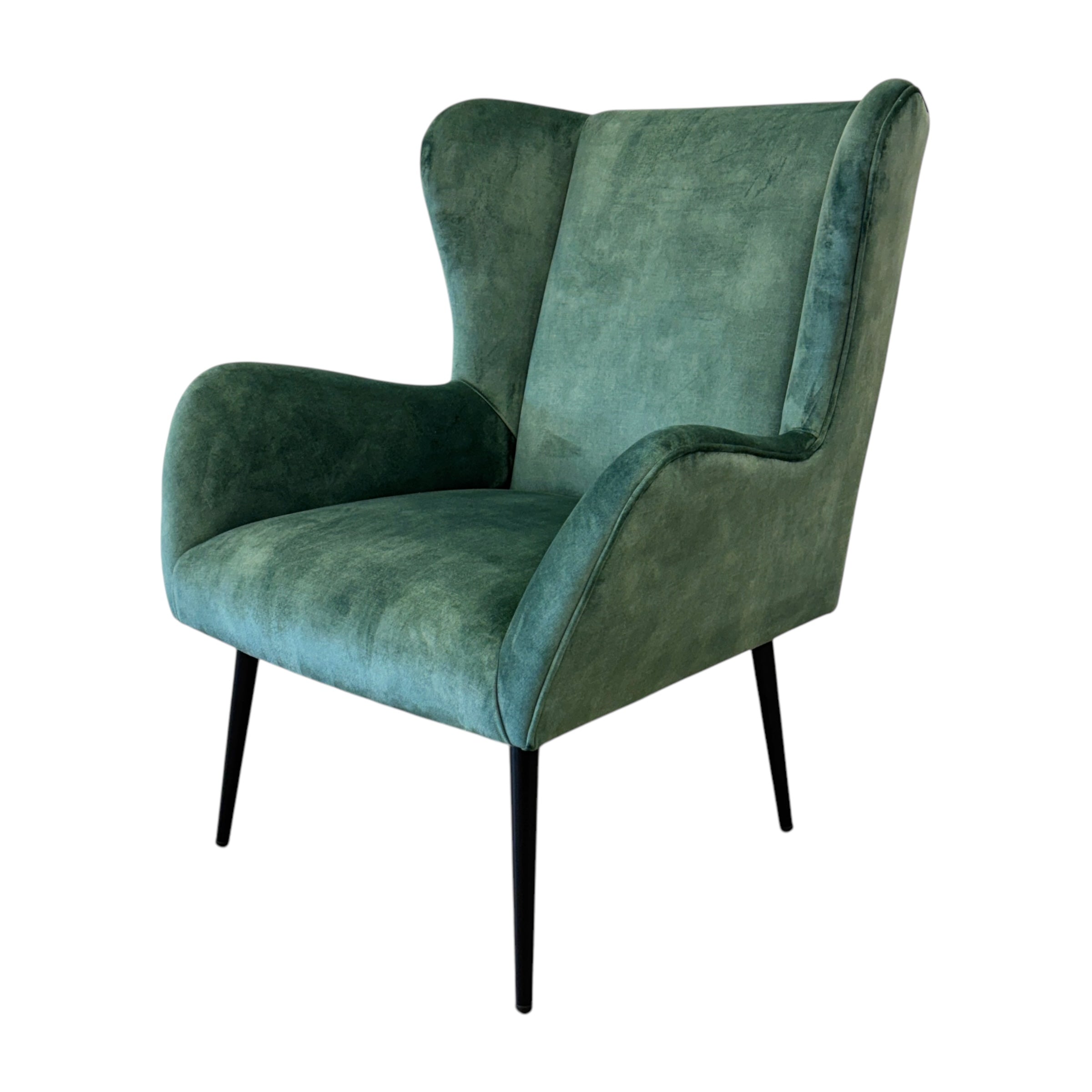 Angled view of the Marla Contemporary Wing Back Chair in Hunter Green, showcasing its modern wingback design, slim black metal legs and textured upholstery.