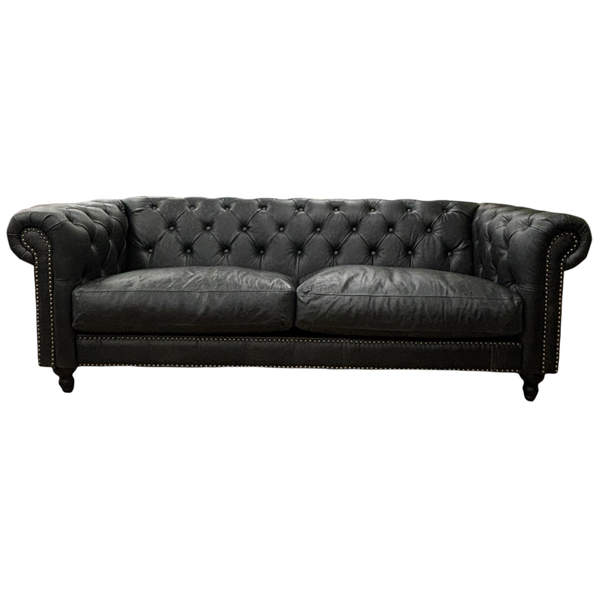 Maxwell Chesterfield sofa in black leather with deep button tufting and classic rolled arms.
