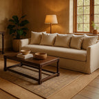 Melton Coffee Table in Antique Walnut styled in a warm contemporary living room