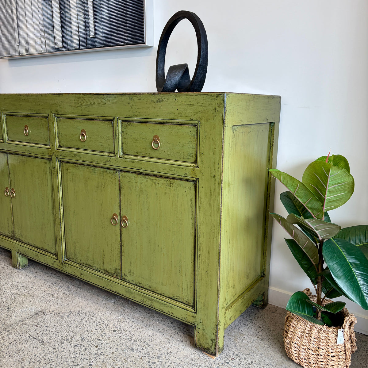 Merchant Sideboard in Olive showing distressed finish and generous storage