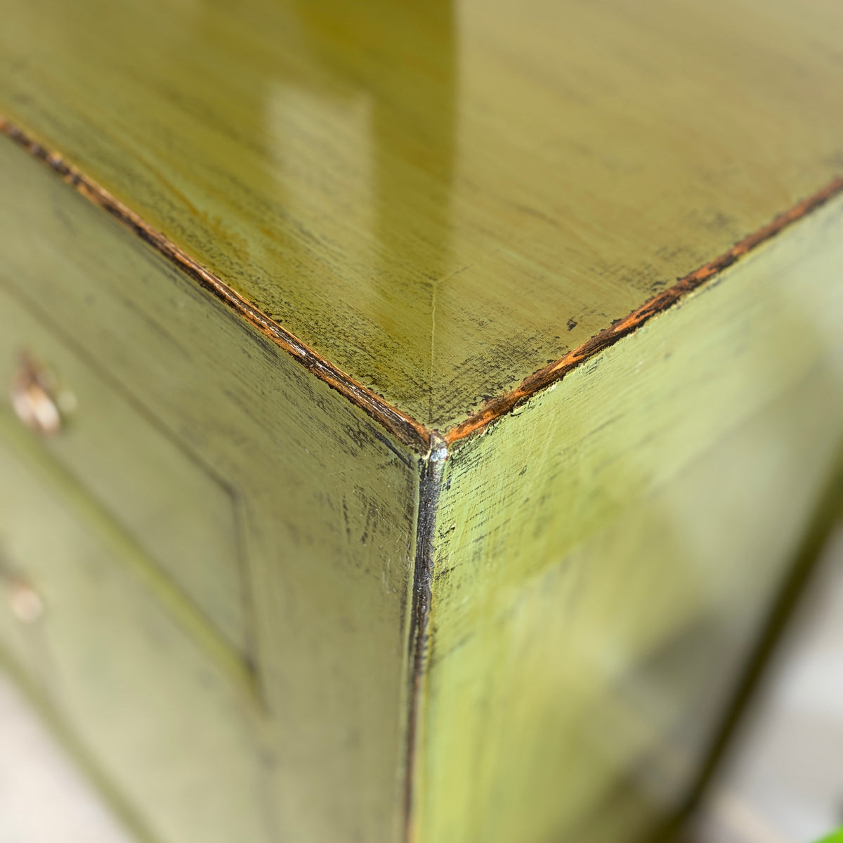 Merchant Sideboard in Olive showing distressed painted finish and exposed timber detailing