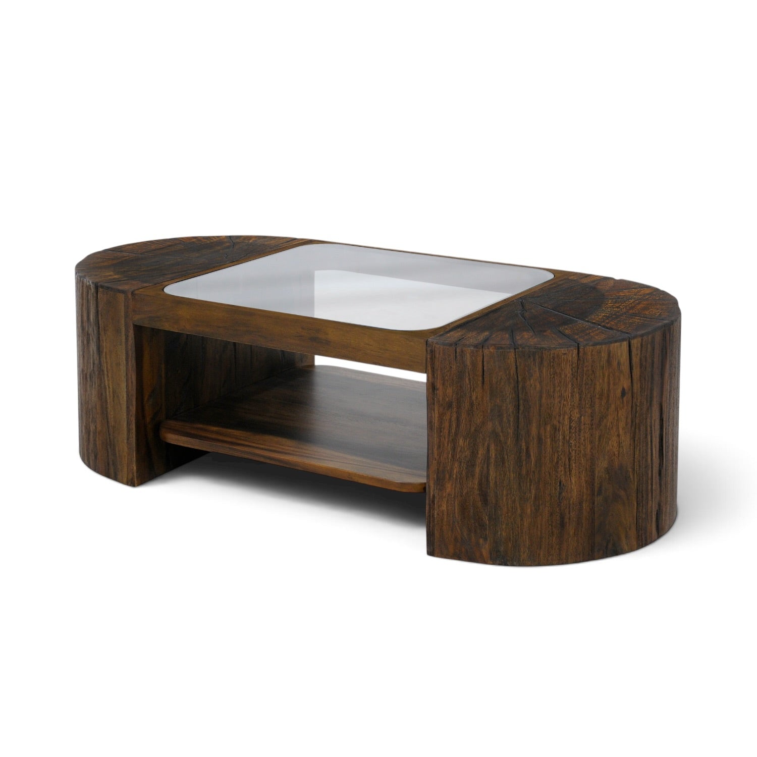 Angled view of the Metz coffee table in cognac mango wood, featuring sculptural curved ends, tempered glass top and lower shelf.