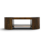 Front view of the Metz mango wood coffee table in cognac with curved timber ends, tempered glass top and open lower shelf.