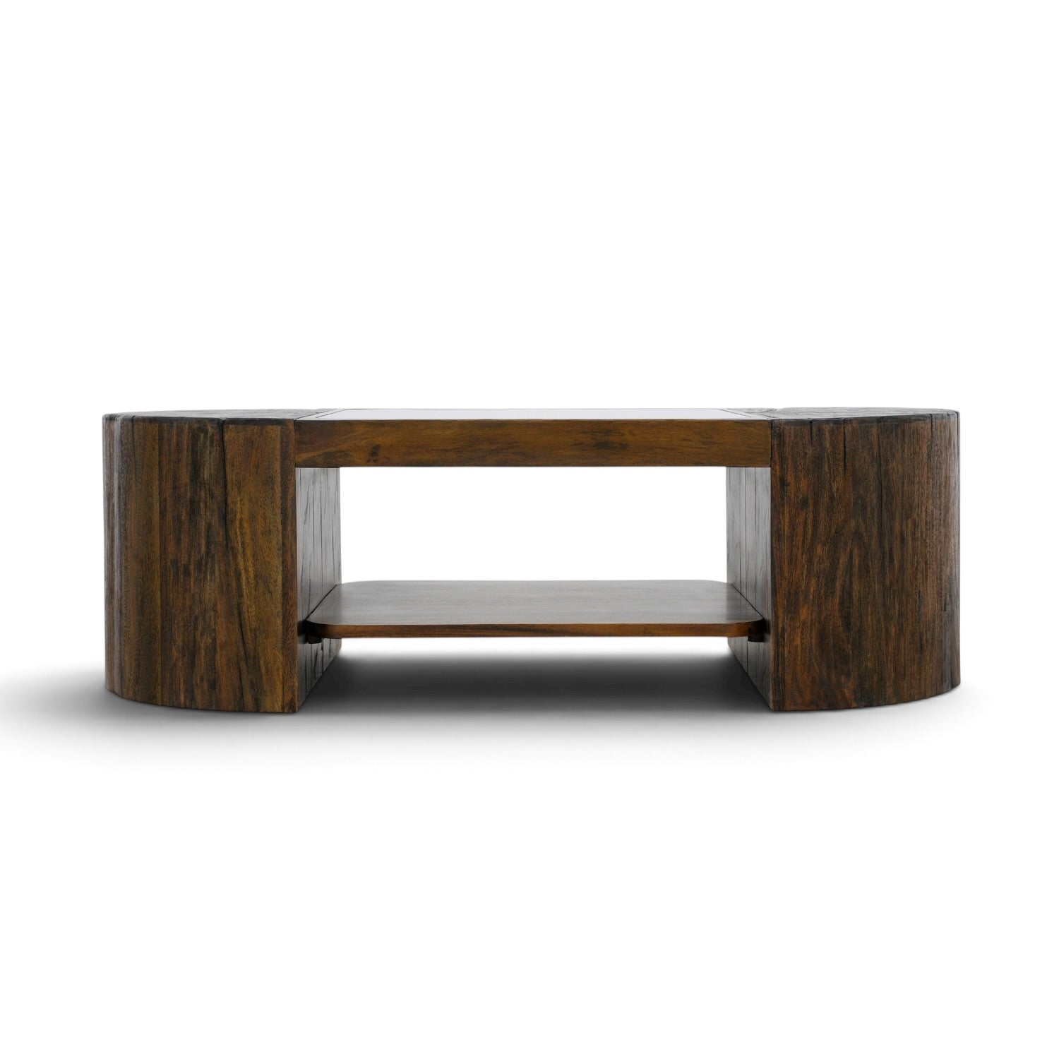 Front view of the Metz mango wood coffee table in cognac with curved timber ends, tempered glass top and open lower shelf.