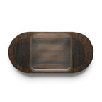 Overhead view of the Metz coffee table in cognac mango wood with tempered glass centre and sculptural curved timber ends.