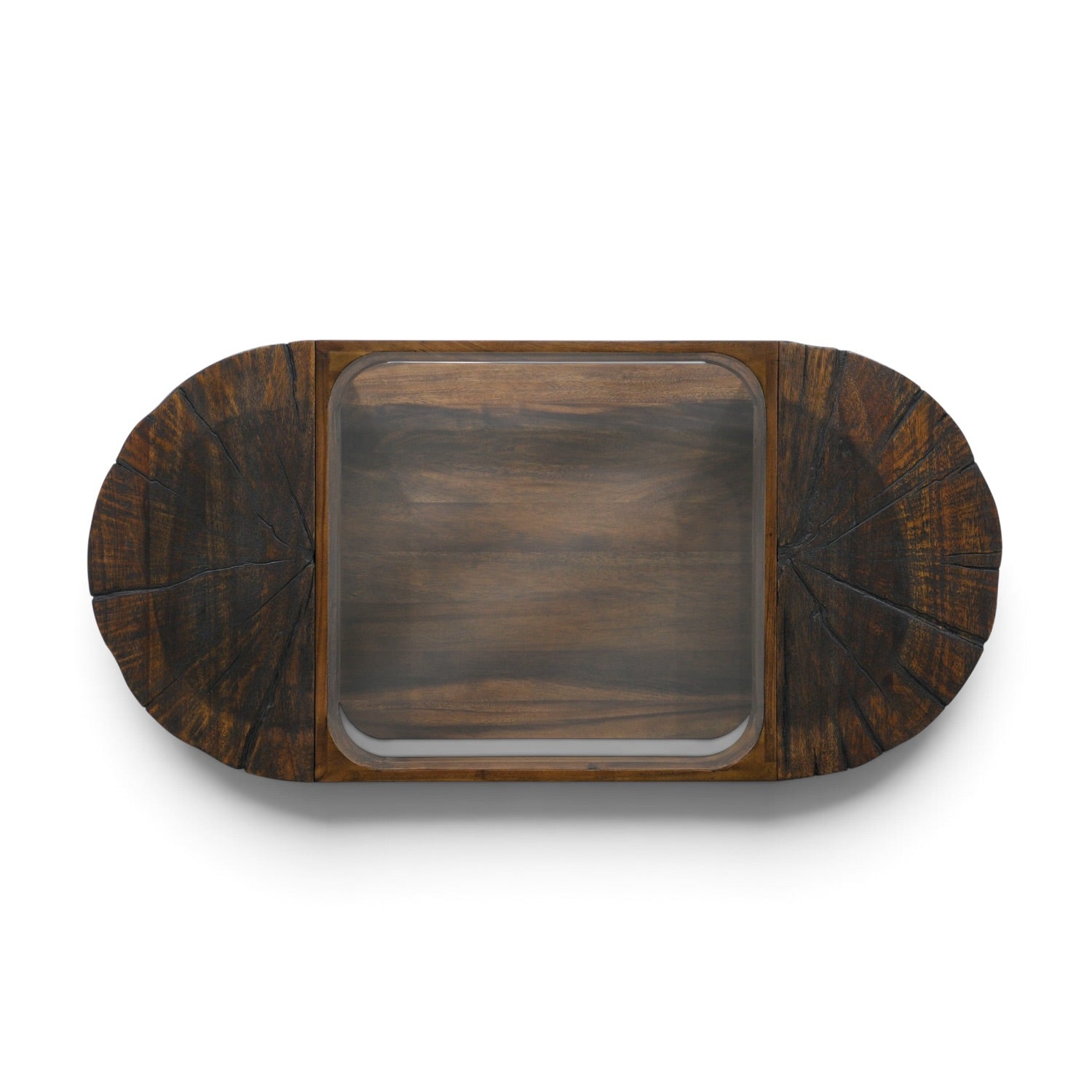 Overhead view of the Metz coffee table in cognac mango wood with tempered glass centre and sculptural curved timber ends.