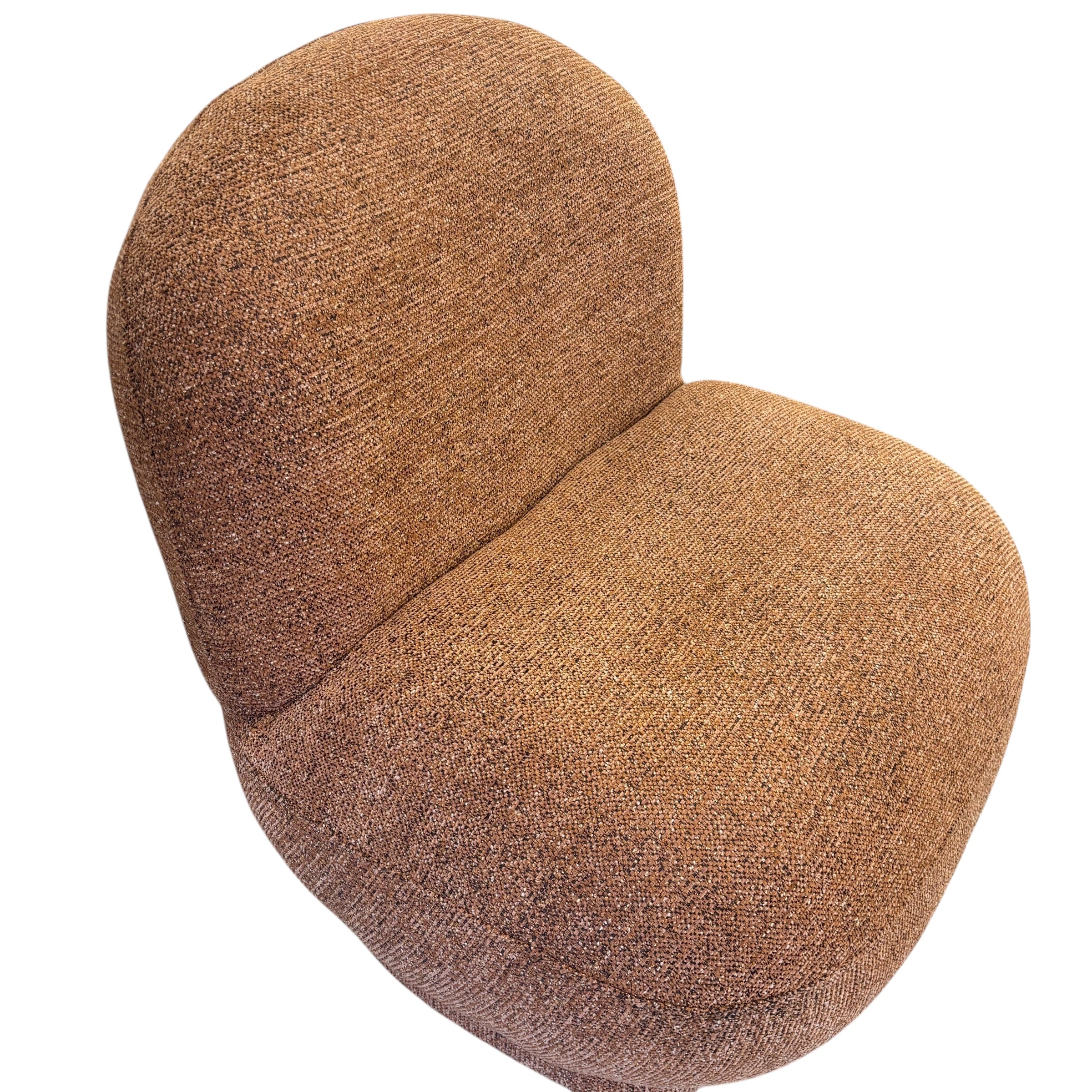 Angled view of the Milo Swivel Chair in Copper with a curved contemporary design and textured fabric upholstery.