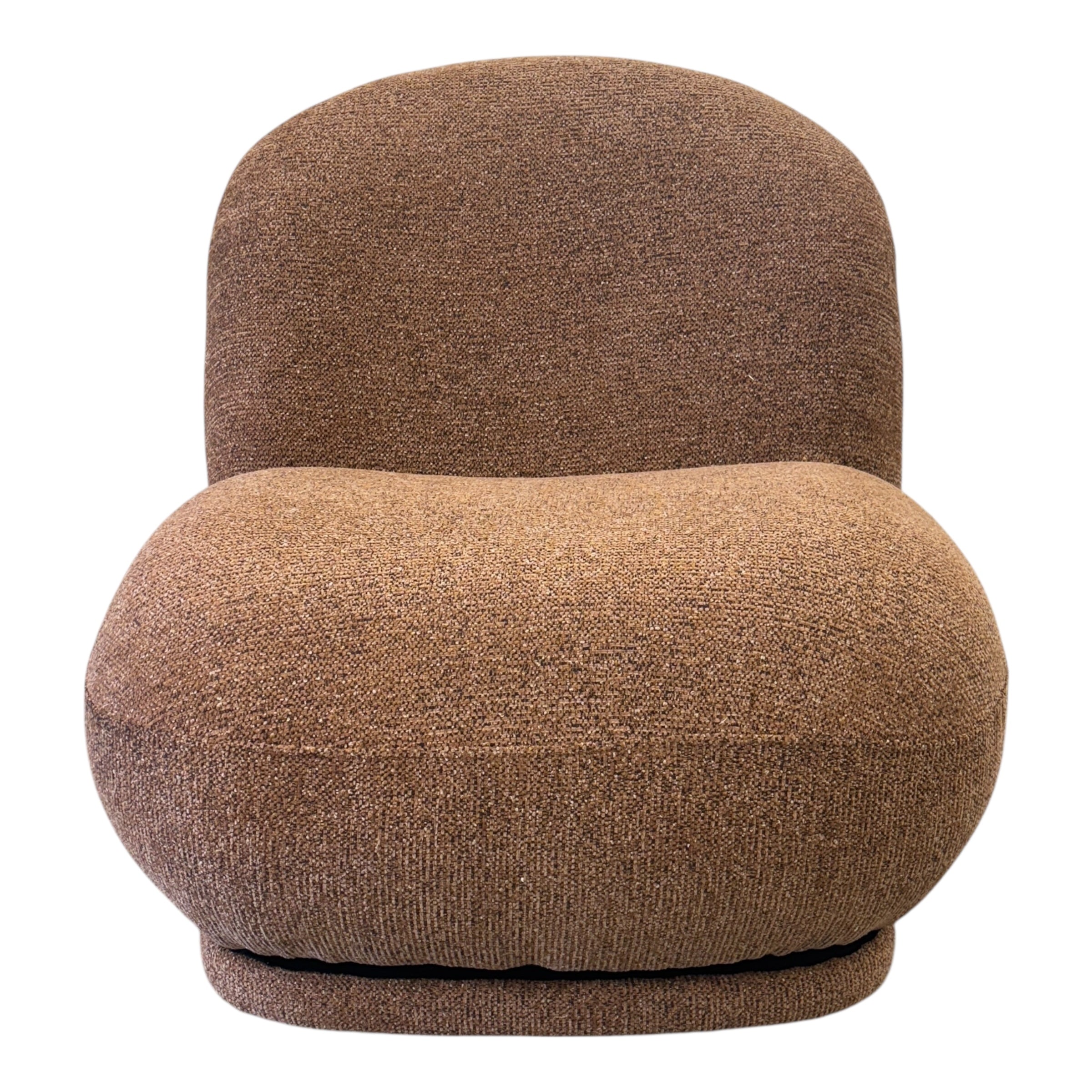 Side profile of the Milo Swivel Chair in Copper, showcasing its rounded silhouette and generously cushioned seat.