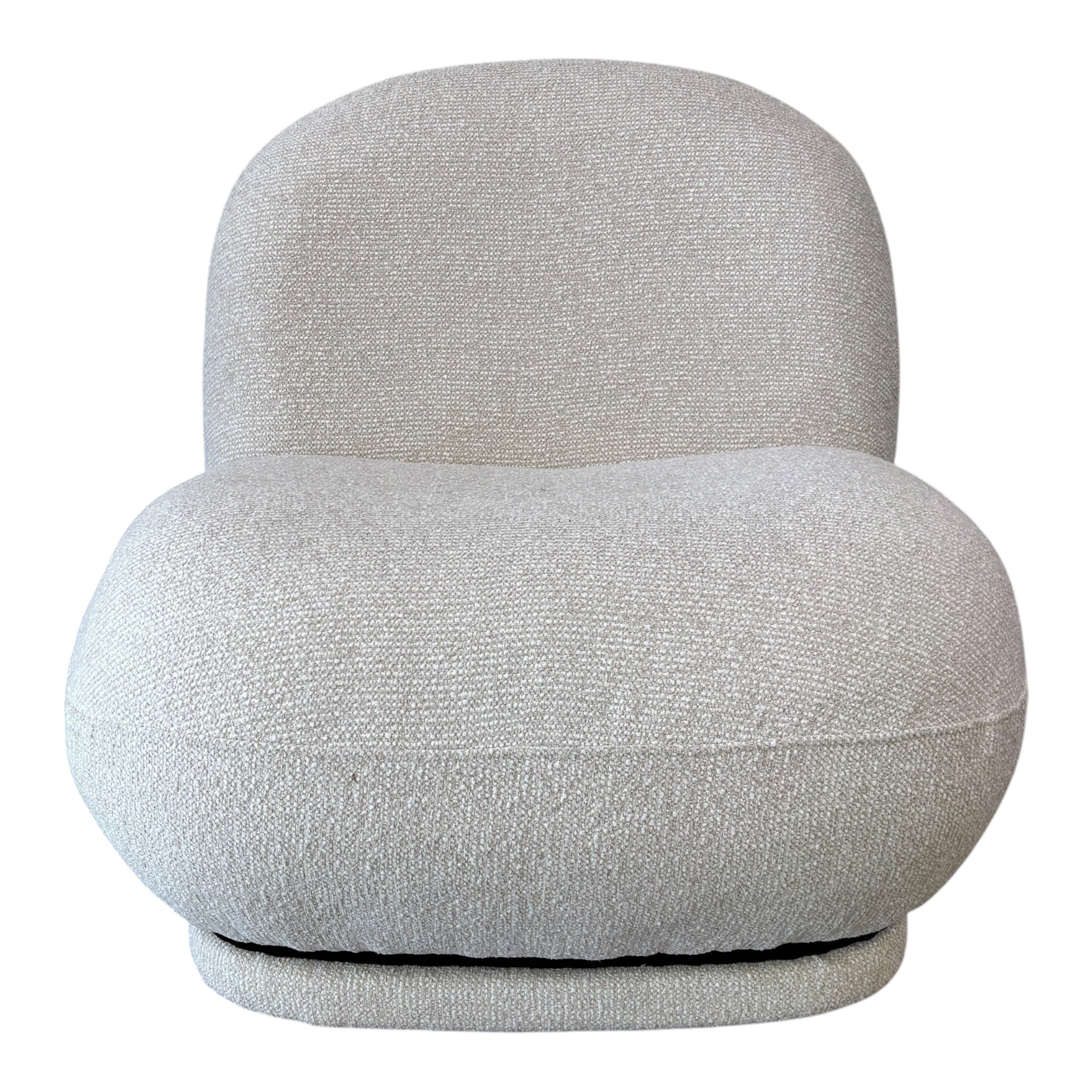 Milo Swivel Chair in Salt with a sculptural curved design, textured upholstery and smooth swivel base.