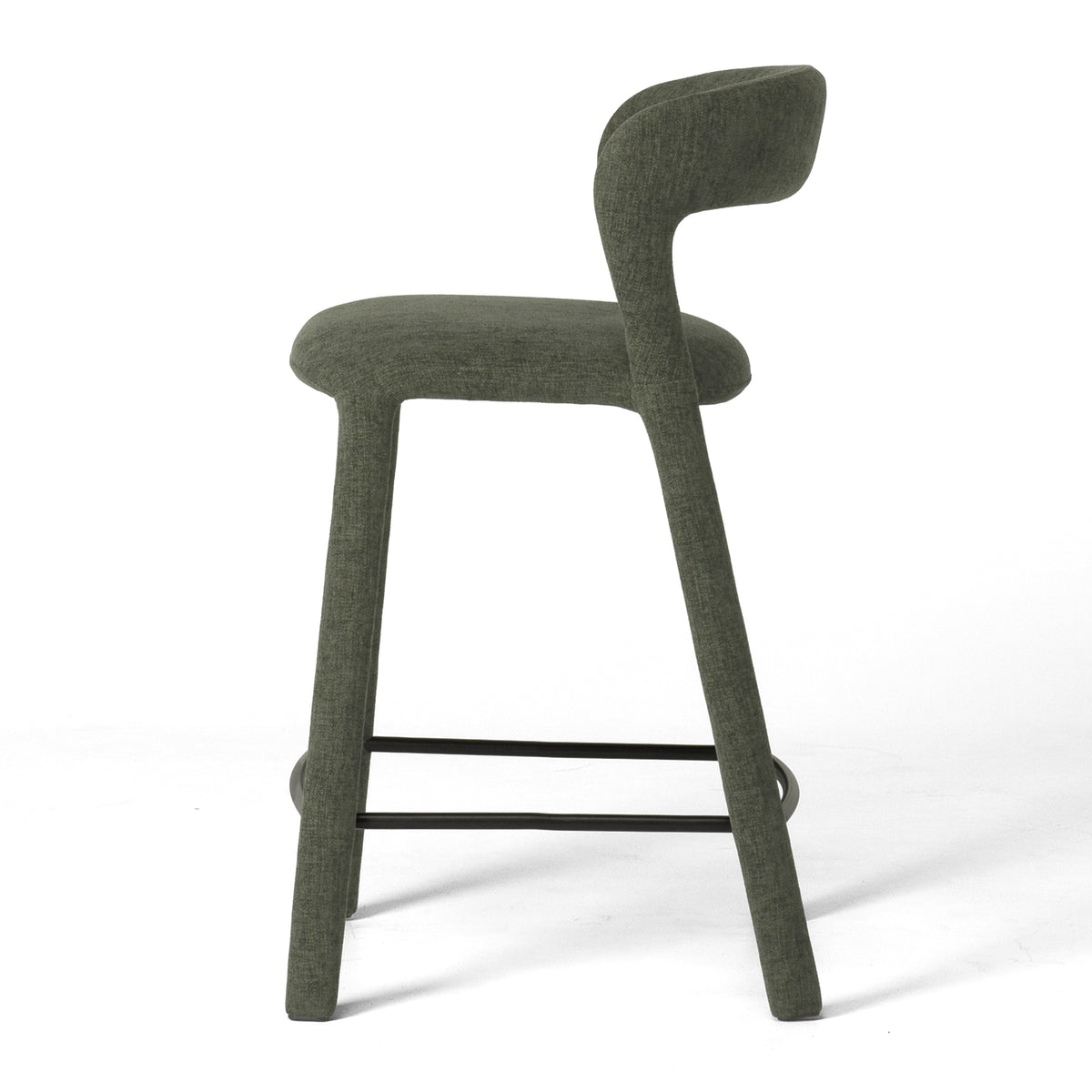 Side view of Munich Barstool in textured pickle-green fabric