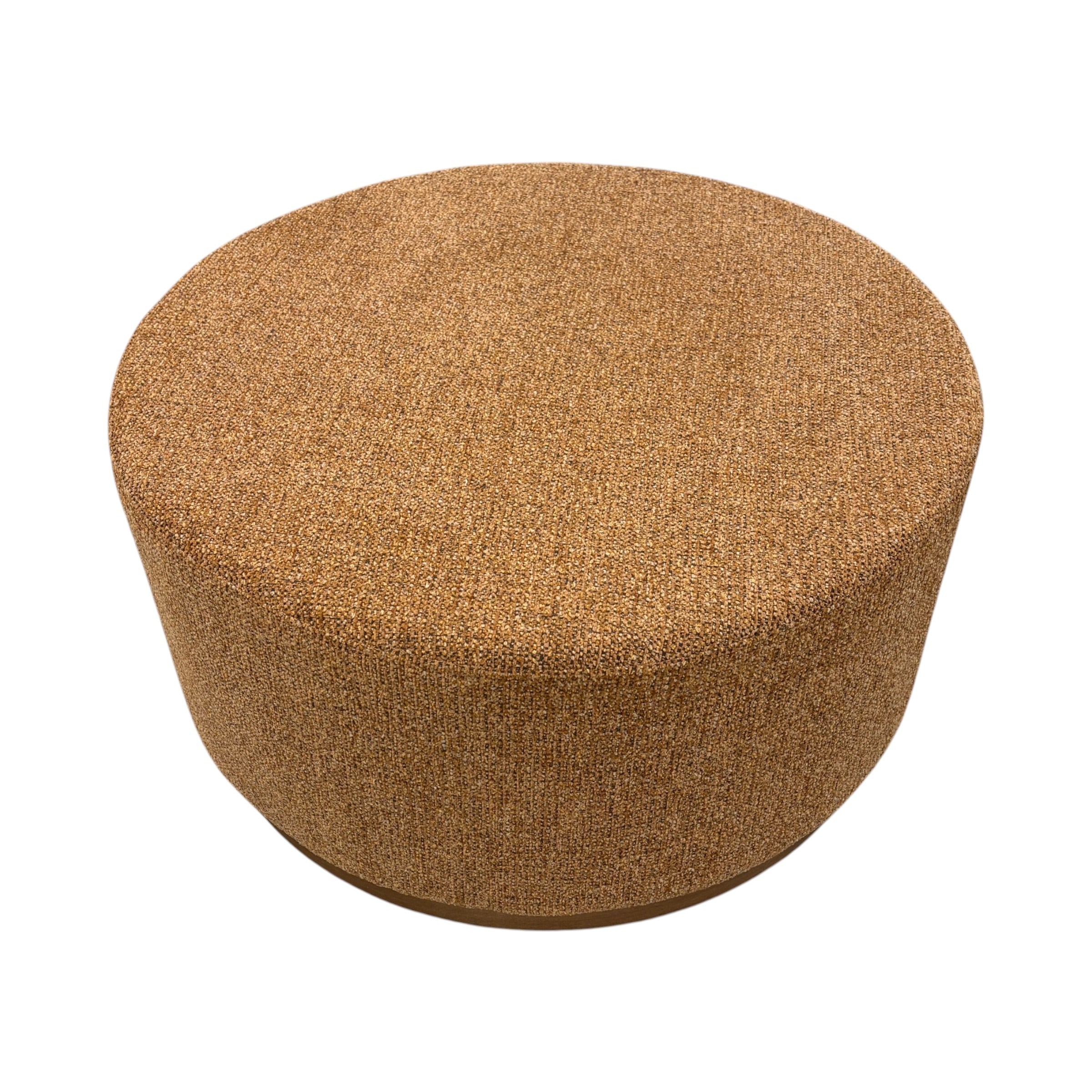 Angled view of the round Nova Ottoman in warm copper textured upholstery