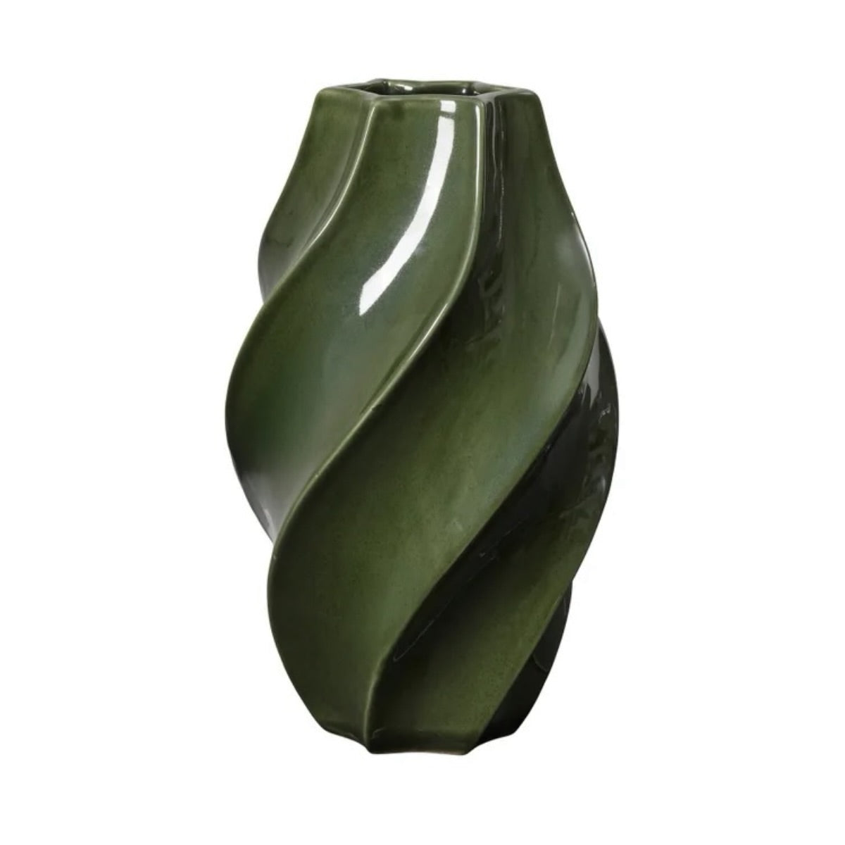 Odette Vases in medium and tall sizes with glossy hunter green glaze and flowing spiral design
